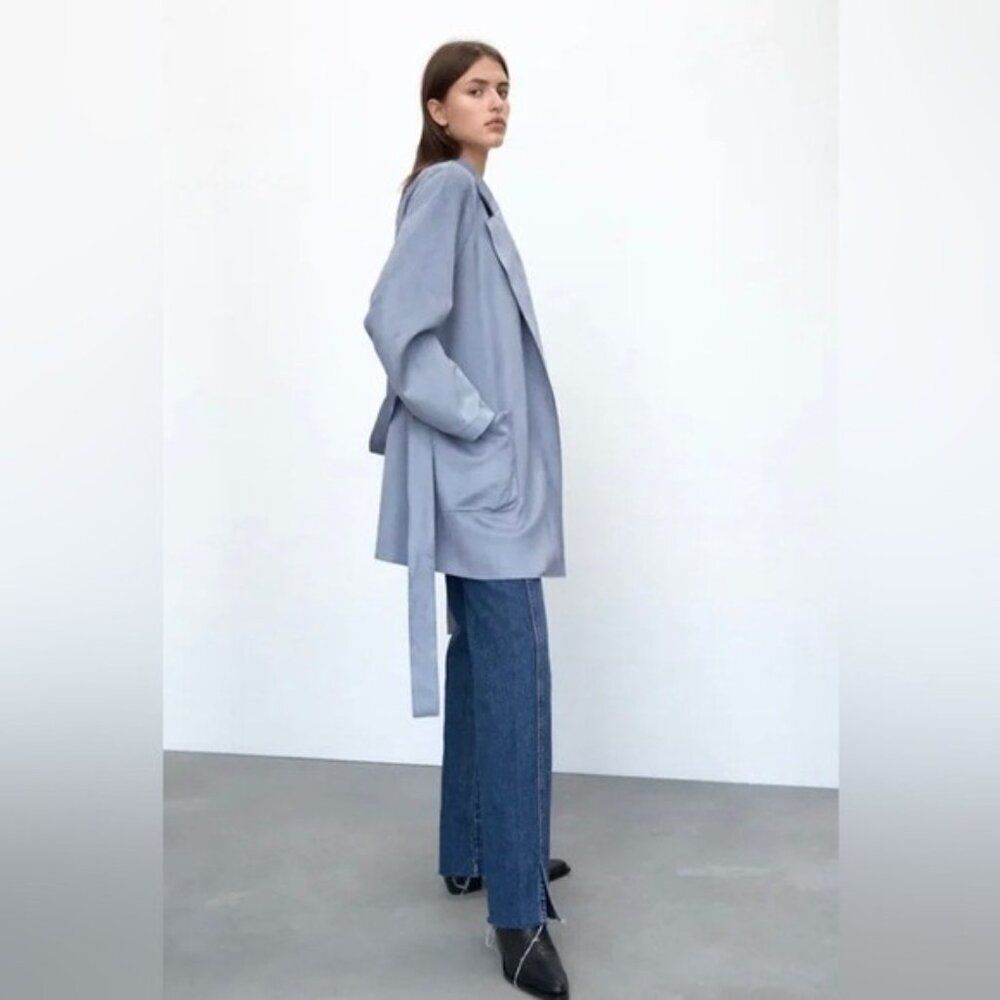 Zara Womens Jacket XS Blue Faux Suede Soft Stretch Removable Tie 3046/120 NWT